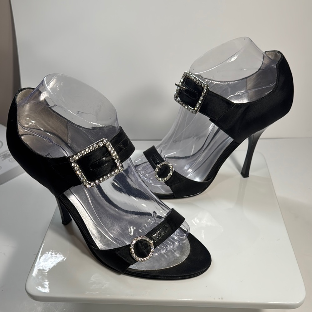 Bebe Black Satin Heels Open Toe Strappy Sandals Size 8- Vintage